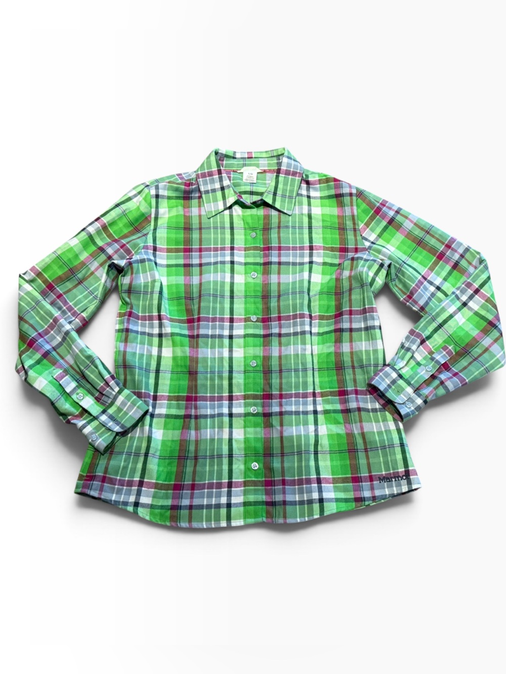 Marmot Women’s Large Lime Green & Pink Plaid Long Sleeve Flannel Shirt